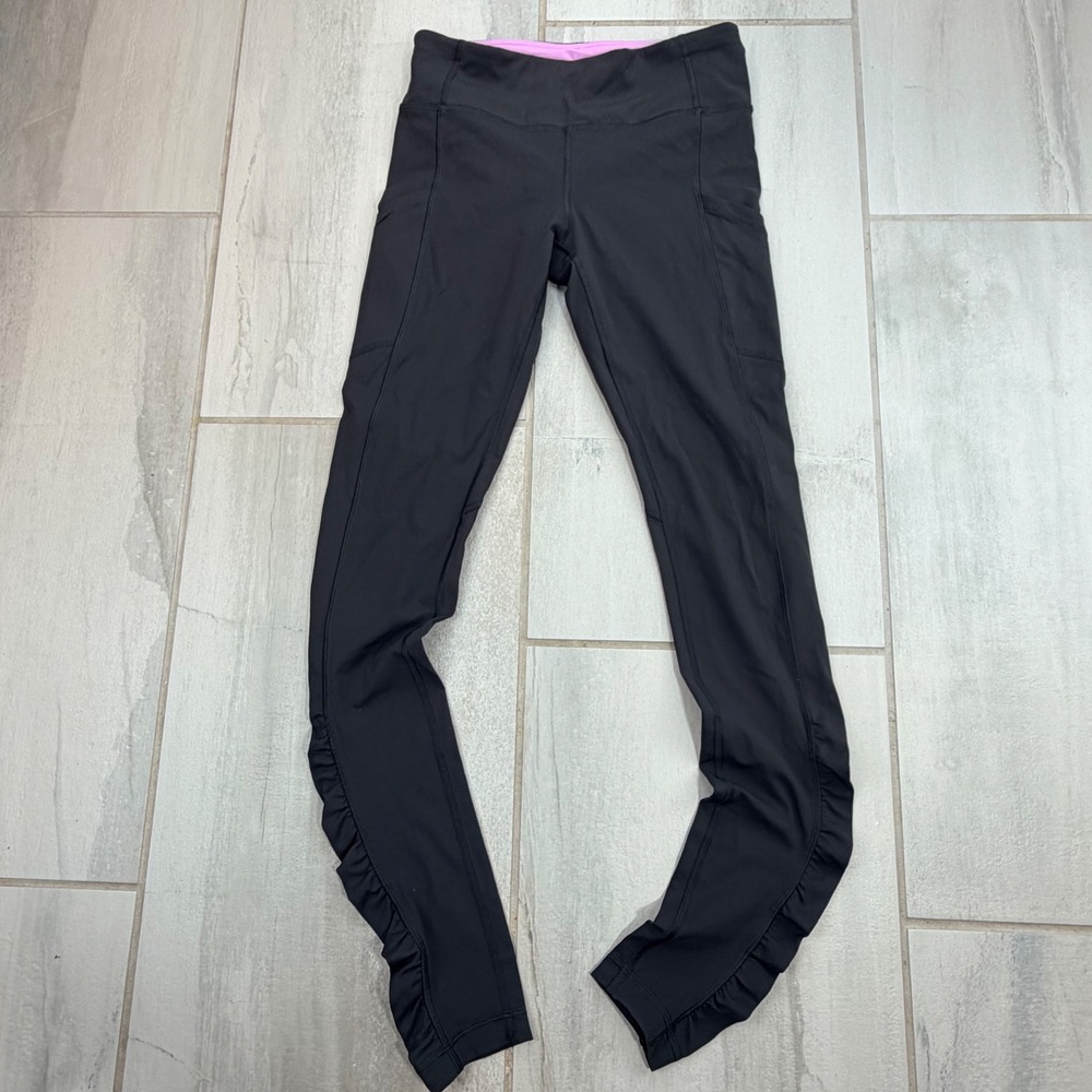 Lululemon Black Pink Ruched Ankle Running Leggings Side Pockets Size 4